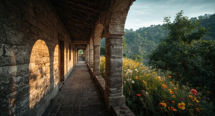 Obraz premium traditional stone corridor in hilltop town with adjacent protected greenery