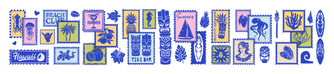 Tropical summer postal stamp, ocean beach postmark sticker, hand drawn doodle travel coastal print. Paradise island vacation badge set, Hawaii surfboard, tiki mask sign. Summer scrapbook stamp design © Oleksandra