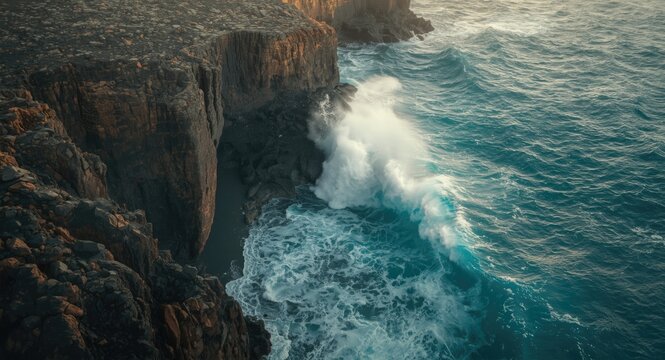 Turbulent waves rolling over volcanic coast captured from above