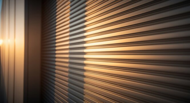 Focused shot of a modern motorized roller shutter capturing technology and design in soft sunrise light
