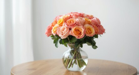 Fototapeta premium Neatly displayed pink and orange rose bouquet in a crystal clear vase adding floral charm indoors