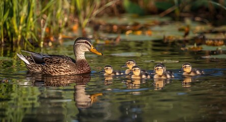 Playful mother duck and her four ducklings swimming through a peaceful lake scene