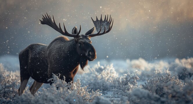 Majestic moose posed in a snowy landscape with soft snowflakes and warm ambient light evoking tranquility plus copy space