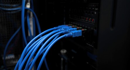 Technology room server rack with blue and red patch cords plugged into a black patch panel