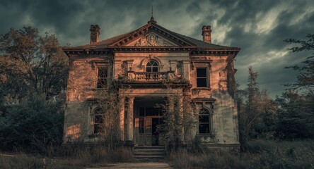 Fototapeta premium Aged haunted house featuring decayed facade emphasizing neglect and heritage preservation