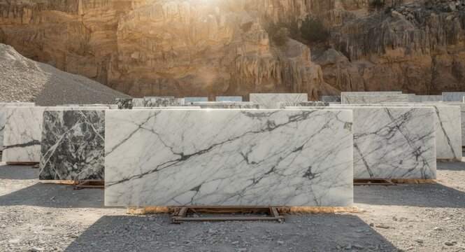 Orderly marble slabs in a sunny stone quarry capturing the essence of natural beauty and craft