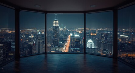 Fototapeta premium Empty luxury room in skyscraper presenting spectacular nighttime city panorama through window