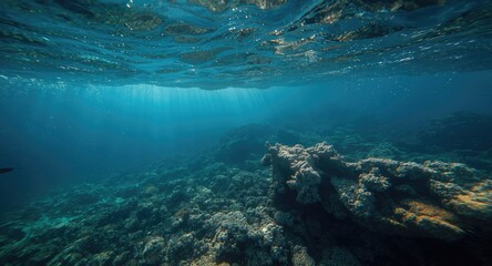 Fototapeta premium Oceanic rugged underwater terrain lit by vibrant sunrays