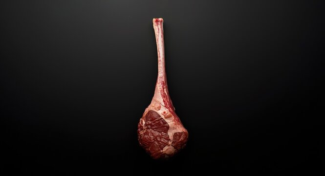 Seasoned raw lamb leg cut on bone top view with black background and copy space