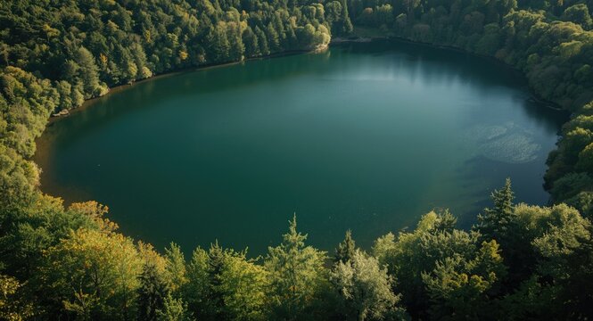 Aerial photo showcasing a calm lake within thick forestation on a sunny summer afternoon