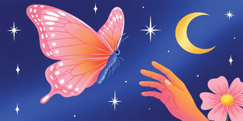 Magical Butterfly and Human Hand Under Night Sky with Moon Stars and Flower Surreal Dreamy Fantasy Illustration for Nature and Spiritual Designs