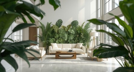 Fototapeta premium Modern interior decorated with lush tropical leaves and elegant furniture