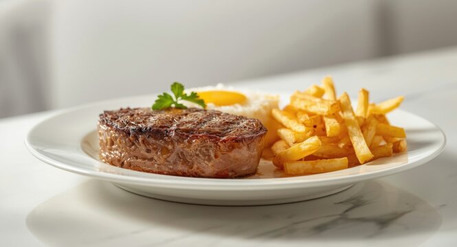 Perfectly grilled filet parmegiana steak with butter rice and crunchy fries