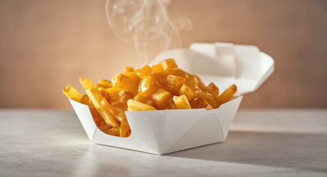 Canadian poutine with cheese sauce served in a white cardboard box