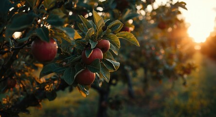 Apple orchard scene with ripe red apples hanging from healthy tree branches