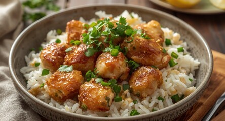 Fototapeta premium Steamed rice combined with lemon garlic chicken bites