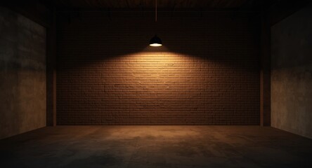 Fototapeta premium Minimalist loft space with textured brick wall and ceiling lamp illumination