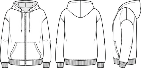 Zip up hoodie technical vector illustration, sweatshirt apparel blueprint drawing, front back side views, hood pocket stitching detail layout