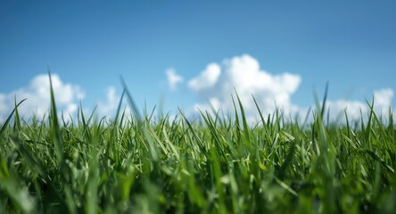 Fototapeta premium Soft green grassy ground with a vivid clear sky backdrop