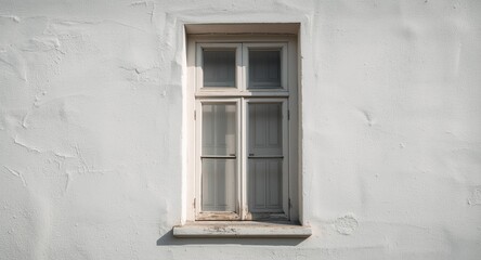 Fototapeta premium White background contrasts with closed antique window on historic home