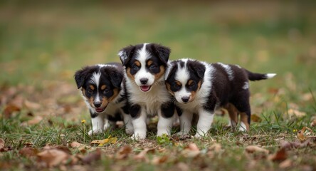Friendly small Australian Shepherd puppies in toy and miniature sizes exploring nature