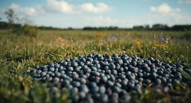 Thick layer of blueberries in a pristine organic moorland harvest