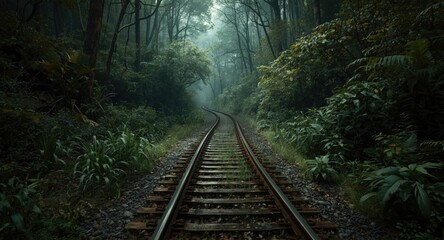 Fototapeta premium Twisting railway track through flourishing forest with lush plants and eerie silence
