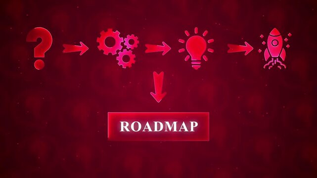 Conceptual roadmap from question mark to rocket launch with gears and lightbulb on red background image