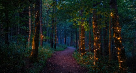Fototapeta premium Fairy light glowing forest path with a mystical and charming natural atmosphere