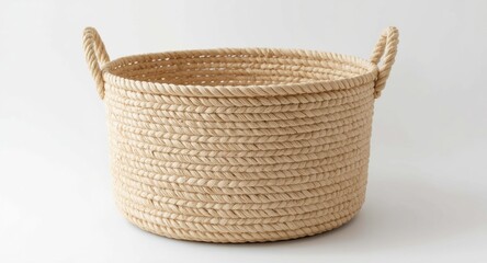 Obraz premium Natural cotton rope laundry basket, spacious and empty on white backdrop