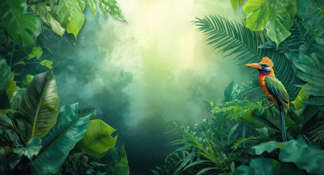 Watercolor tropical foliage backdrop featuring paradise bird and dense jungle leaves