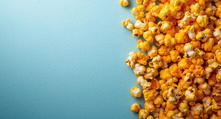 Fototapeta premium Popcorn kernels in bold vibrant colors on a gently shadowed textured backdrop with copy space