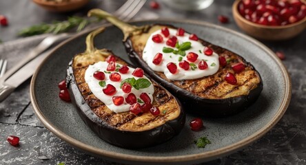 Healthy vegetarian Mediterranean grilled eggplants served with yogurt and pomegranate