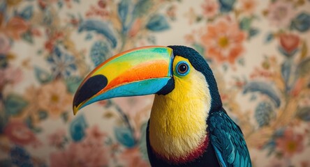Fototapeta premium Handmade watercolor toucan bird with a colorful wallpaper background promoting crafting with young people