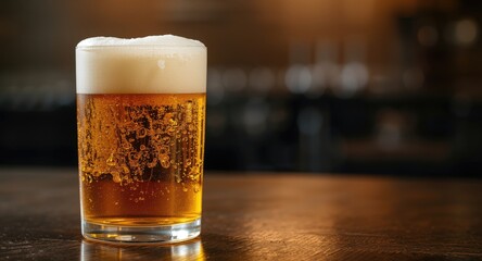 Vertical shot of an overflowing pint glass of beer with copy space highlighting refreshment and celebration themes