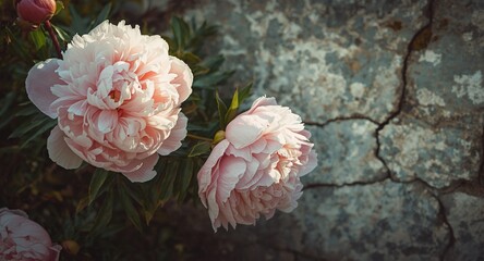 Peonies depicted on a weathered textured wall surface for photo wallpaper and postcard designs