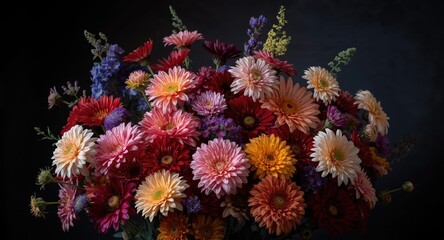 Obraz premium vivid flowers gathered on a deep shadowed background with copy space