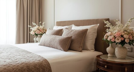 Fototapeta premium Elegant hotel bed styling with comfortable pillows and fresh flowers for welcoming guests