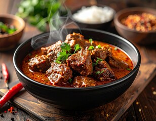 Fototapeta premium A steaming bowl of rich, aromatic and spicy meat curry, a hearty traditional dish served on a rustic wooden table with fresh herbs and chili peppers, evoking warmth and flavor