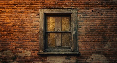 Rustic brick wall featuring an old wooden window with vintage texture and historic architectural appeal