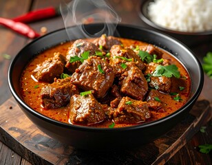 Fototapeta premium Steaming Hot and Flavorful Meat Curry Dish, Richly Spiced and Garnished with Fresh Herbs, Ready to Serve with Rice, A Perfect Comfort Food Meal