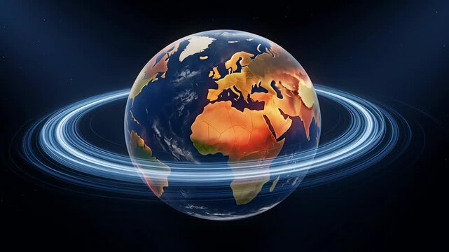 Rotating Earth Globe with Futuristic Digital Data Rings and Blue Light Streams