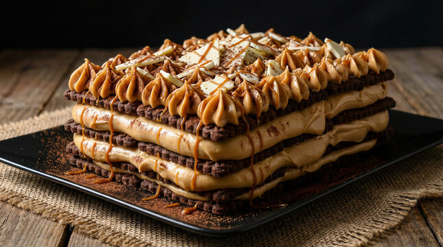 Chocotorta traditional Argentine dessert made with dulce de leche, cream and chocolate biscuits