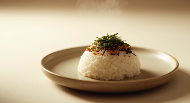 Steamed rice garnished with shredded seaweed and vegan furikake