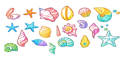 Obraz premium A seamless nature pattern illustration featuring a collection of colorful Easter eggs set among cartoon sea shells, starfish, and summer beach elements in a vibrant underwater ocean design vector