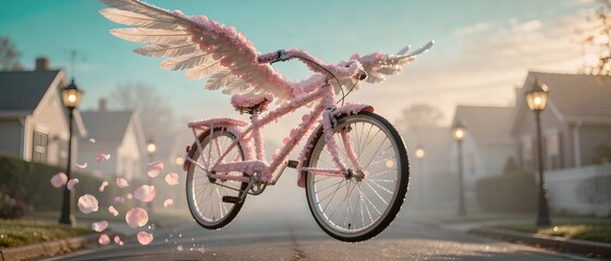 Fototapeta premium A whimsical pink bicycle with angel wings flying over a misty street at dawn 