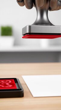 Robotic hand with metallic fingers presses red ink stamp onto white card, showcasing a logo design on a wooden table in a modern workspace environment
