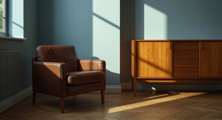 Fototapeta premium Mid century inspired living room with leather armchair and timber cabinet set against blue toned wall and wooden floor
