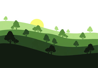 Illustration of rolling green hills with trees and a sunset in a simple, flat style, against a white background for a Background Video.