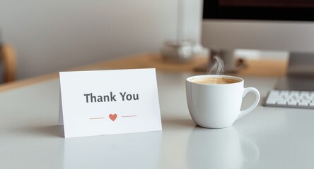 Thank you note for education context with computer and coffee cup on light work surface